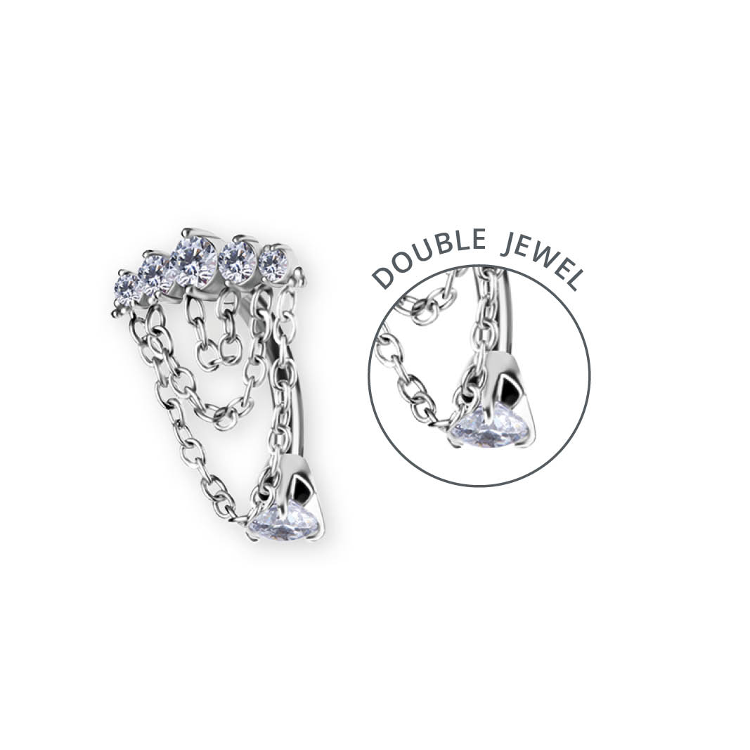 SS316L DOUBLE JEWELLED BELLY BANANA SET W. PREMIUM ZIRCONIA AND CHAIN