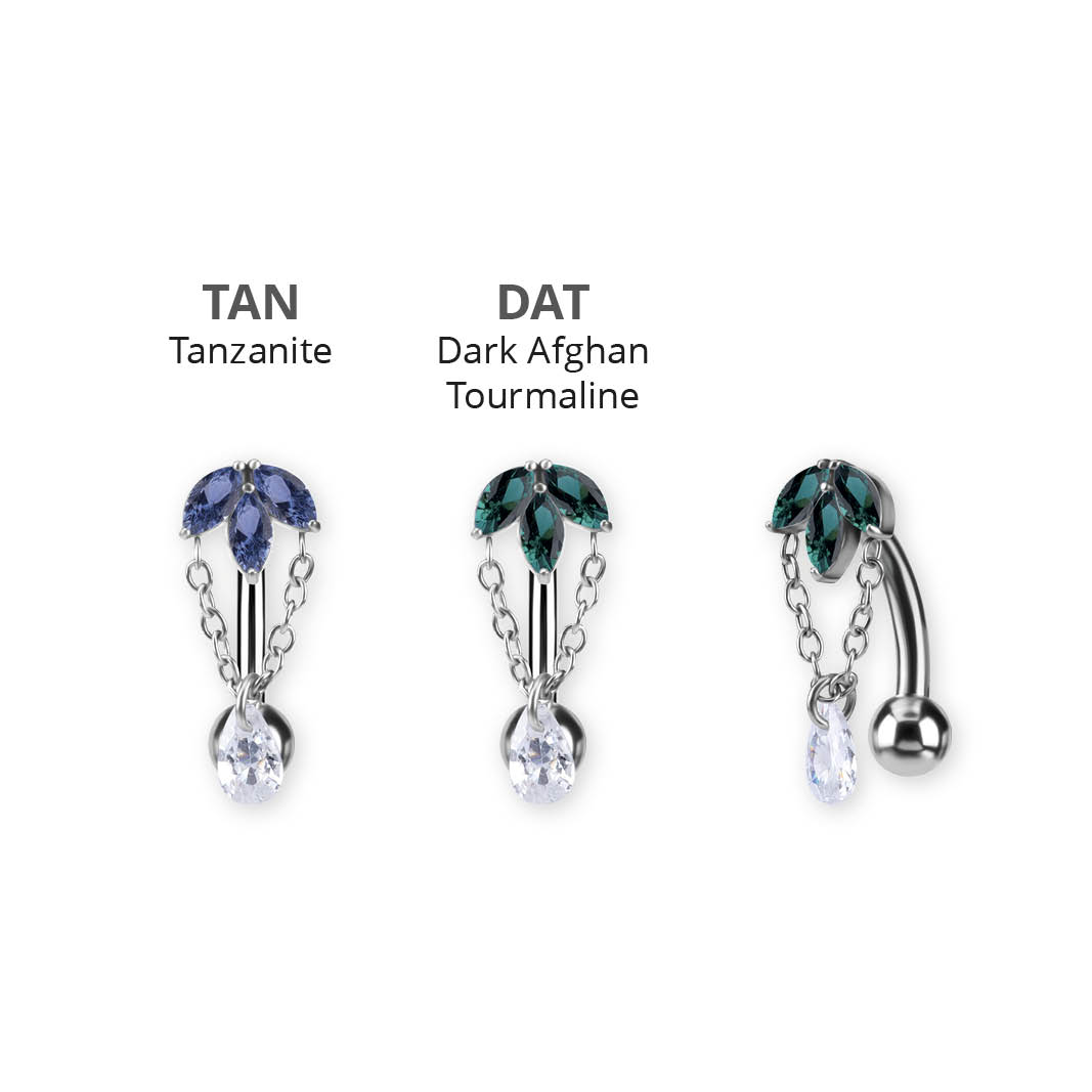 SS316L BELLY BANANA SET W. PREMIUM NANO GEMS AND PEAR DROP DANGLES