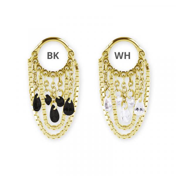 24K GOLD PVD SS316L HINGED RING WITH PEAR SHAPE AND ROUND STONE DANGLES