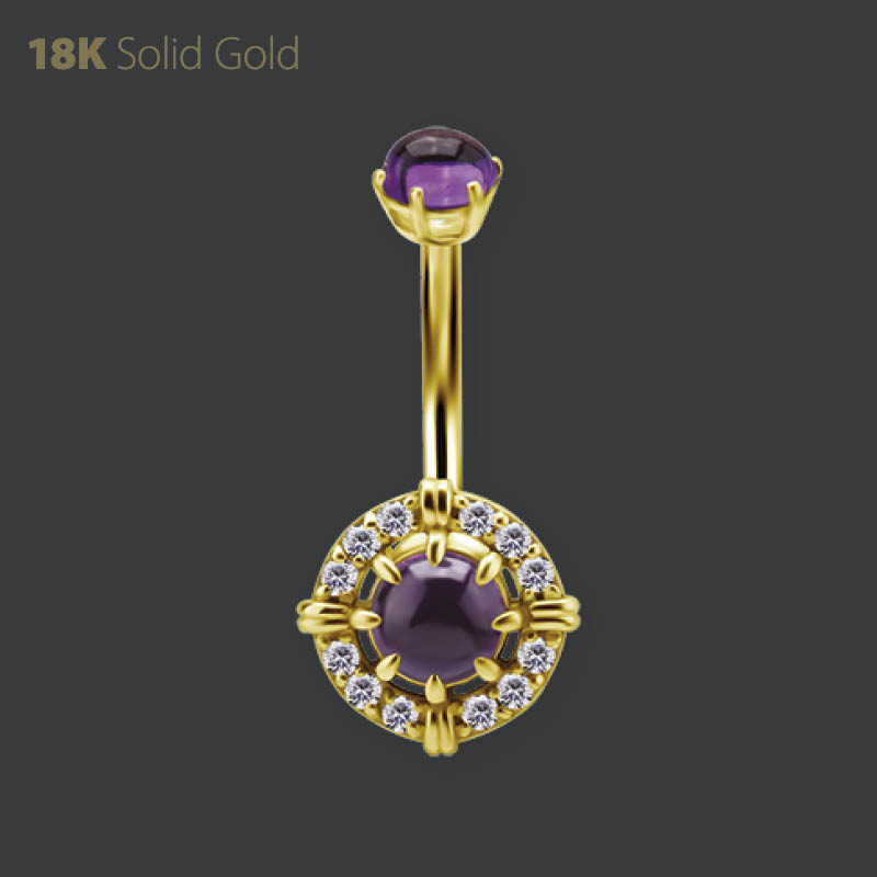 18K GOLD INTERNAL BELLY BANANA SET W. GENUINE DARK AMETHYST