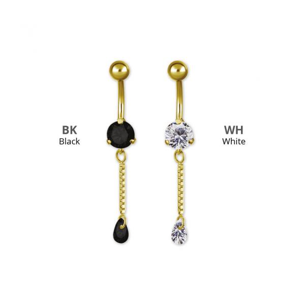 24K GOLD PVD SS316L MINI BELLY BANANA W. CHAIN ZIRCONIA DROP DANGLE