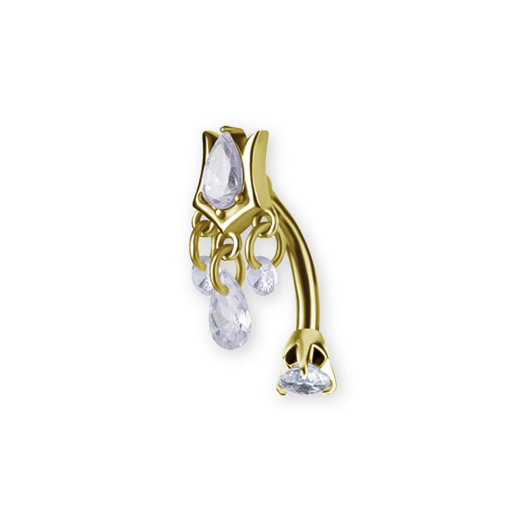 24K GOLD PVD SS316L BELLY BANANA SET W. DOUBLE JEWELED AND PEAR DROP DANGLES