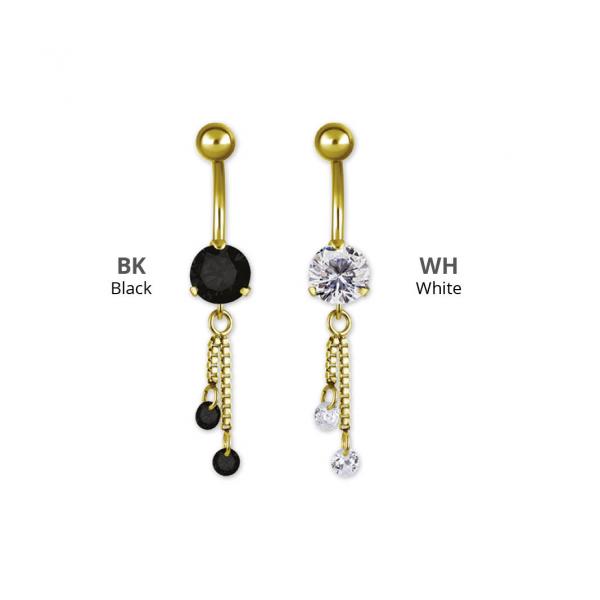 24K GOLD PVD SS316L MINI BELLY BANANA W. CHAIN FLOATING ZIRCONIA DANGLE