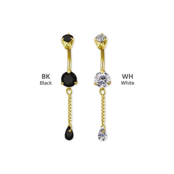 24K GOLD PVD SS316L DOUBLE JEWELLED MINI BELLY BANANA W. CHAIN ZIRCONIA DROP DANGLE