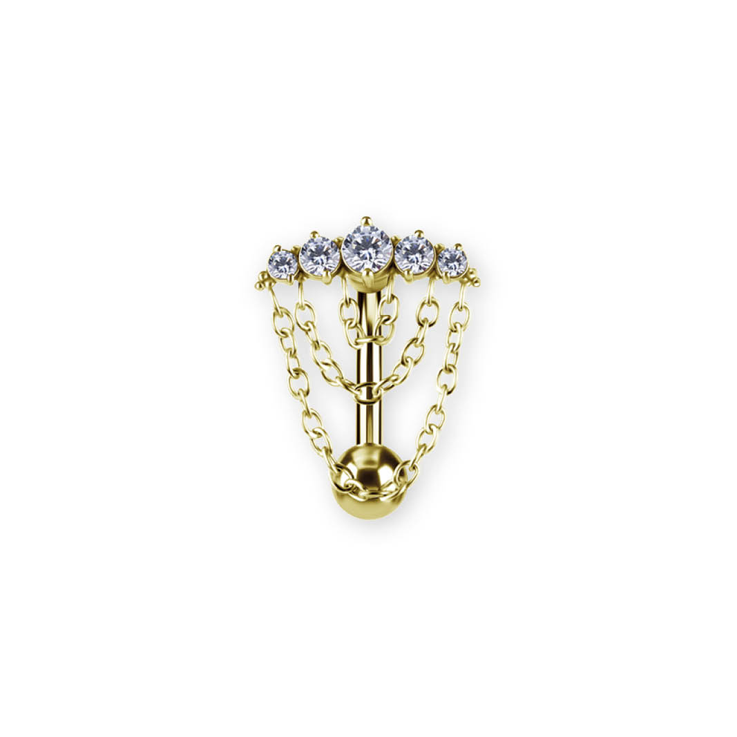 24K GOLD PVD SS316L BELLY BANANA SET W. PREMIUM ZIRCONIA AND CHAIN