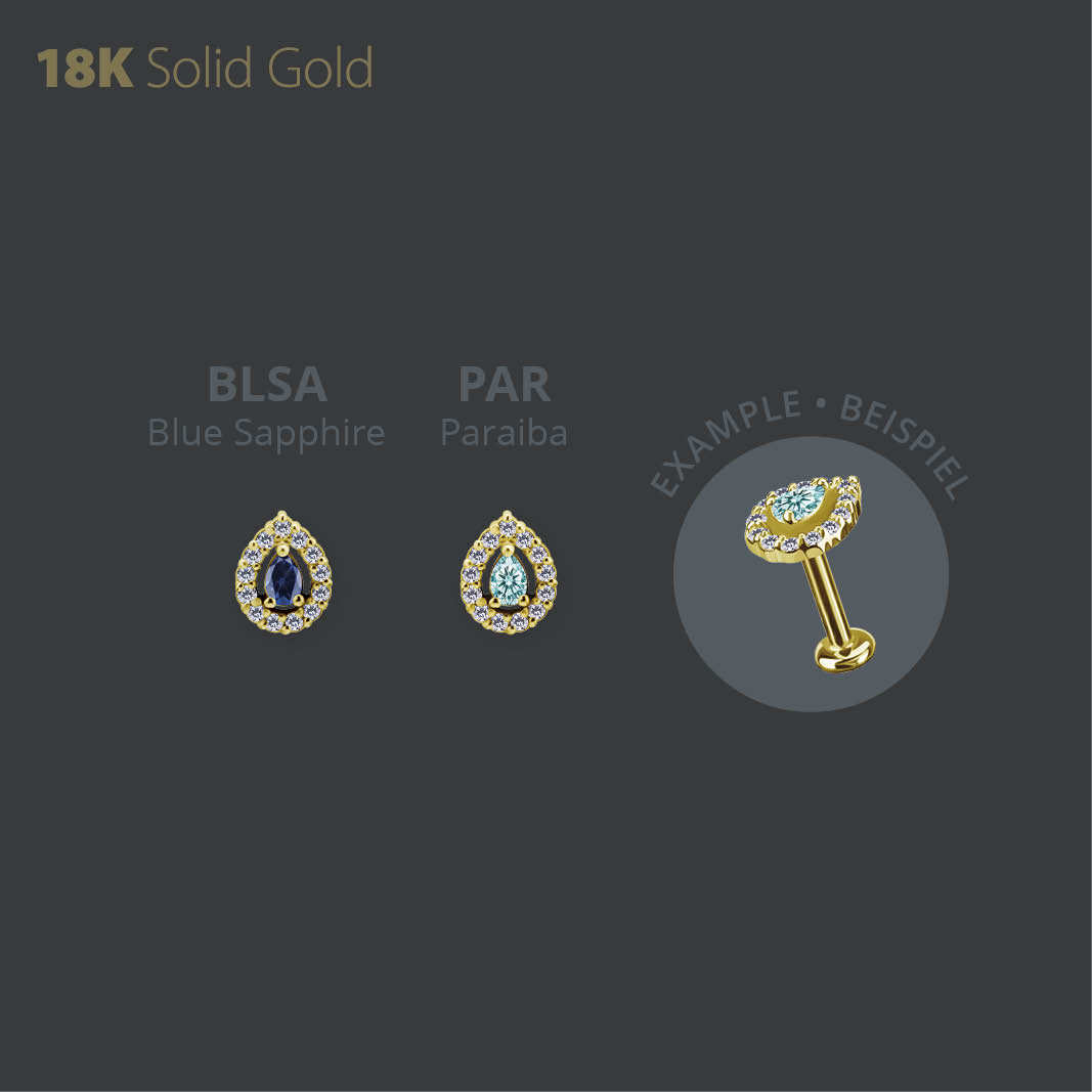 18K GOLD THREADLESS ATTACHMENT SET W. PEAR SHAPE LAB CREATED GEMSTONE