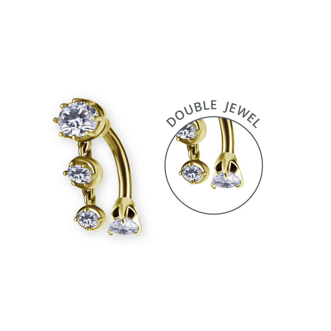 24K GOLD PVD SS316L BELLY BANANA SET W. DOUBLE JEWELED AND DROP DANGLES