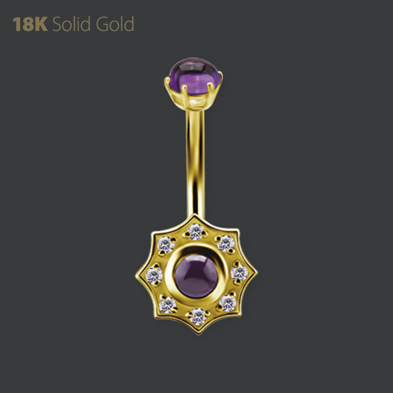 18K GOLD INTERNAL BELLY BANANA SET W. GENUINE DARK AMETHYST