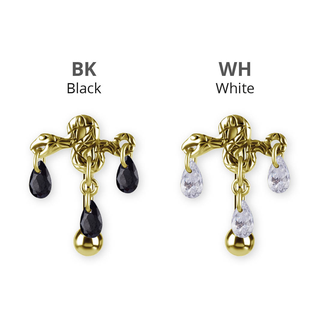 24K GOLD PVD SS316L SNAKE BELLY BANANA SET W. CUBIC ZIRCONIA AND PEAR DROP DANGLE