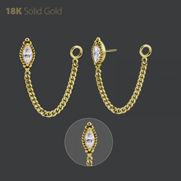 18K GOLD THREADLESS  ATTACHMENT W. CHAIN SET W. PREMIUM ZIRCONIA