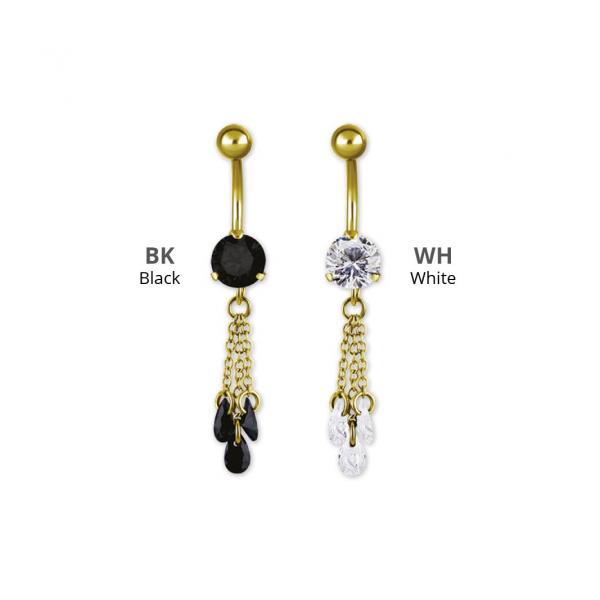 24K GOLD PVD SS316L MINI BELLY BANANA W. CHAIN FLOATING ZIRCONIA DANGLE