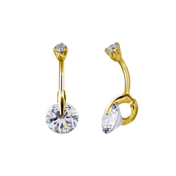 24K GOLD PVD SS316L DOUBLE JEWELLED BELLY BANANA W. SOLITAIRE ROUND SETTING CUBIC ZIRCONIA