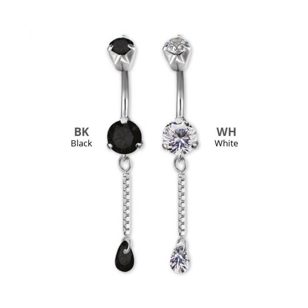 SS316L DOUBLE JEWELLED MINI BELLY BANANA W. CHAIN ZIRCONIA DROP DANGLE