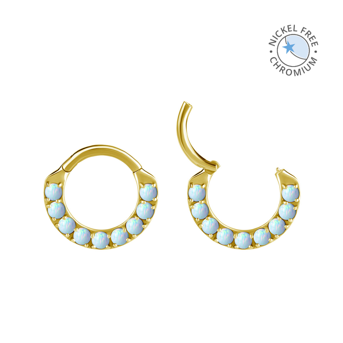 18K GOLD PVD CoCr NF FRONT FACING CLICKERS SET W. LAB CREATED OPAL