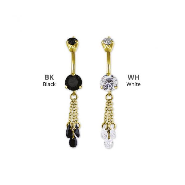 24K GOLD PVD SS316L DOUBLE JEWELLED MINI BELLY BANANA W. CHAIN FLOATING ZIRCONIA DANGLE