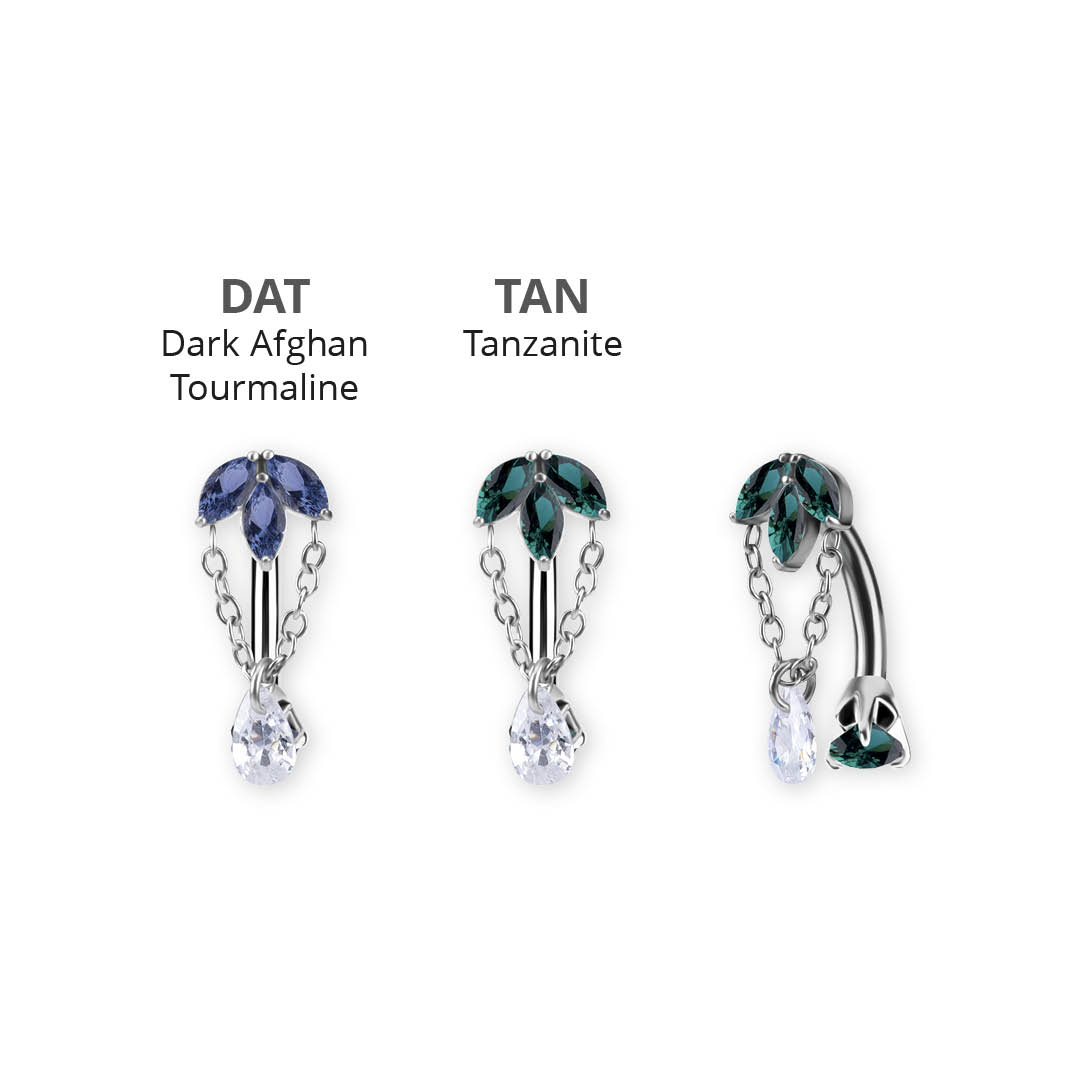 SS316L DOUBLE JEWELLED BELLY BANANA SET W. PREMIUM NANO GEMS AND PEAR DROP DANGLES