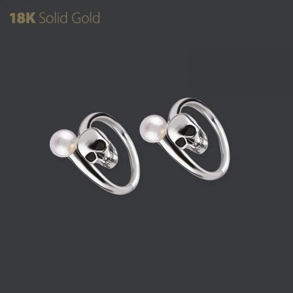 18K WHITE GOLD HINGED SEGMENT SKULL CLICKER W. FRESH WATER PEARL