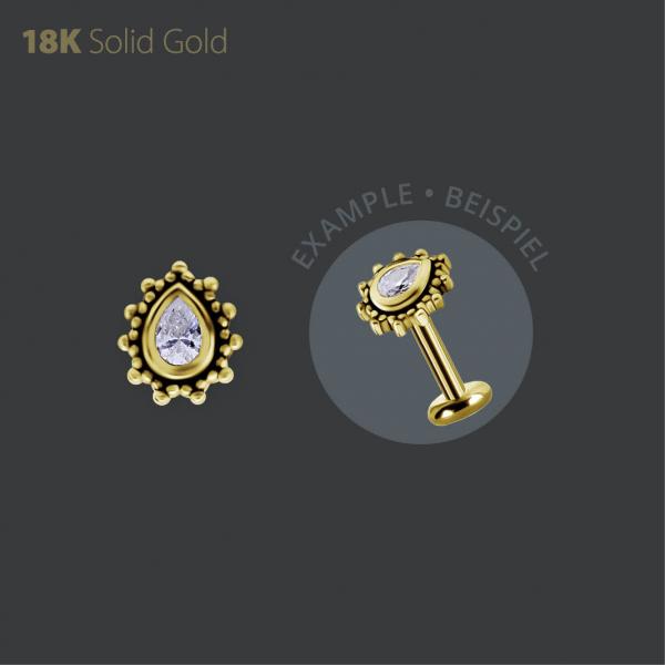 18K GOLD THREADLESS TRIBAL ATTACHMENT SET W. PEAR SHAPE PREMIUM ZIRCONIA