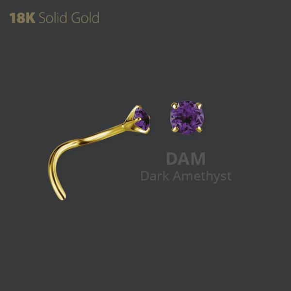 18K GOLD NOSE STUD SET W. GENUINE DARK AMETHYST