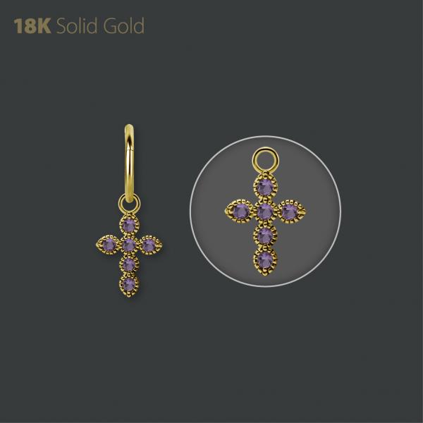 18K GOLD CROSS CHARM SET WITH GENUINE PINK AMETHYST