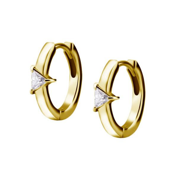 24K GOLD PVD SS316L EAR HOOPS SET W. TRIANGLE CUBIC ZIRCONIA (PAIR)
