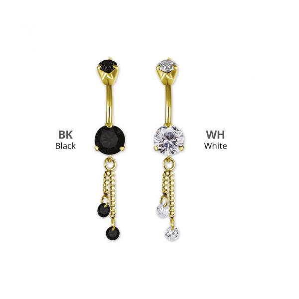 24K GOLD PVD SS316L DOUBLE JEWELLED MINI BELLY BANANA W. CHAIN FLOATING ZIRCONIA DANGLE
