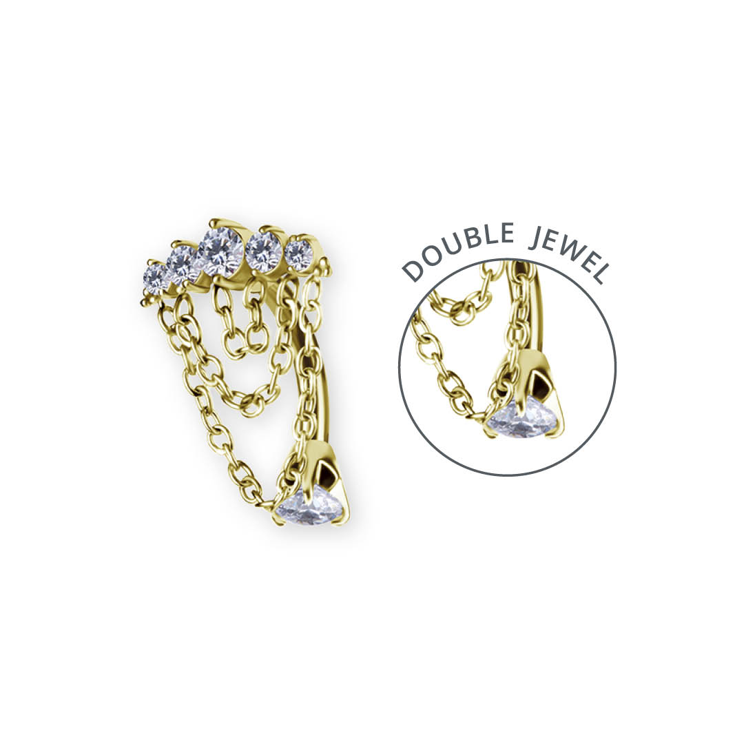 24K GOLD PVD SS316L DOUBLE JEWELLED BELLY BANANA SET W. PREMIUM ZIRCONIA AND CHAIN