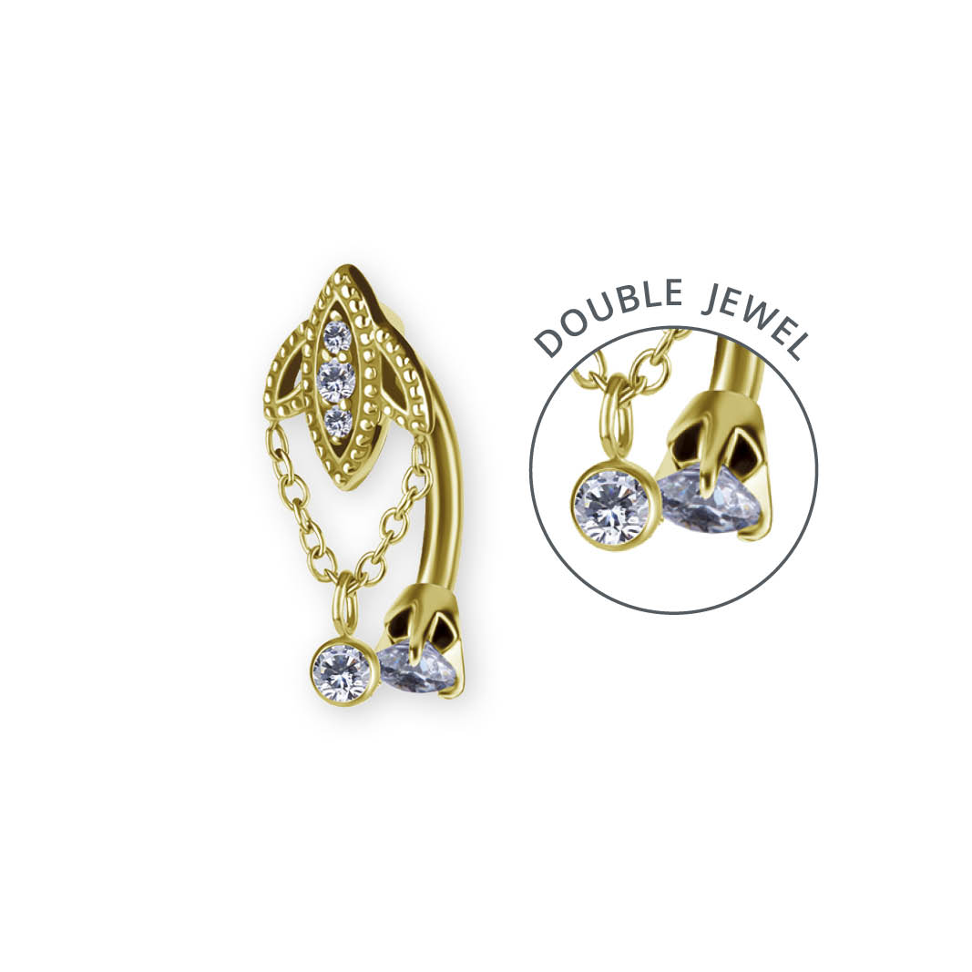 24K GOLD PVD SS316L DOUBLE JEWELLED BELLY BANANA SET W. PREMIUM ZIRCONIA AND CHAIN