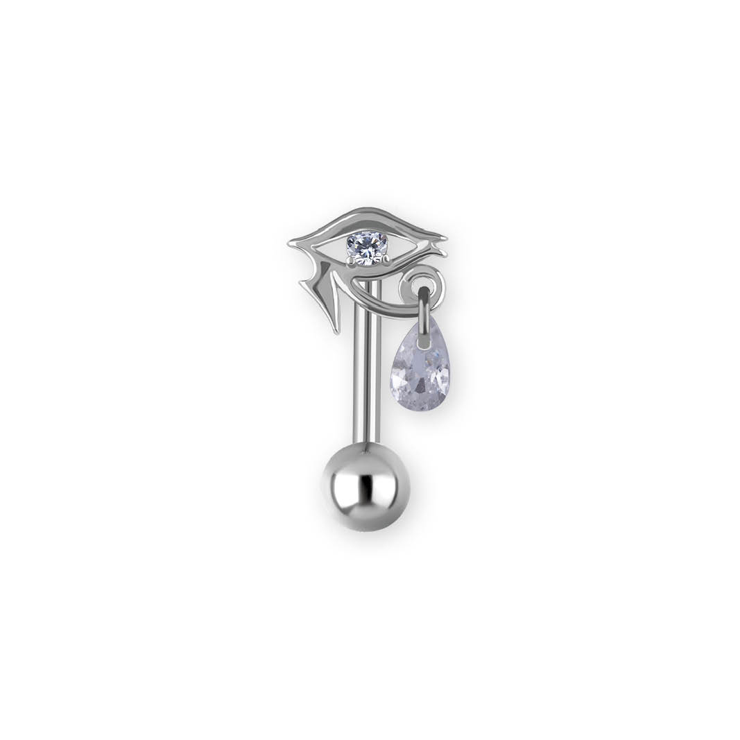SS316L EYE OF HORUS BELLY BANANA SET W. CUBIC ZIRCONIA AND PEAR DROP DANGLE