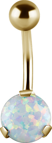 24K GOLD PVD SS316L BELLY BANANA WITH ROUND LAB CREATED OPAL (DIAMOND CUT/PRONG SET)
