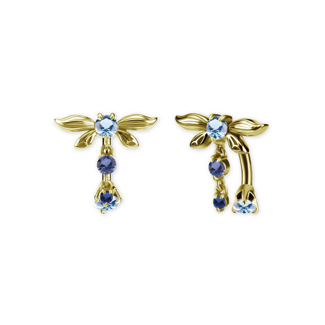 24K GOLD PVD SS316L DOUBLE JEWELLED BELLY BANANA SET W. PREMIUM NANO GEMS AND ROUND DROP DANGLES