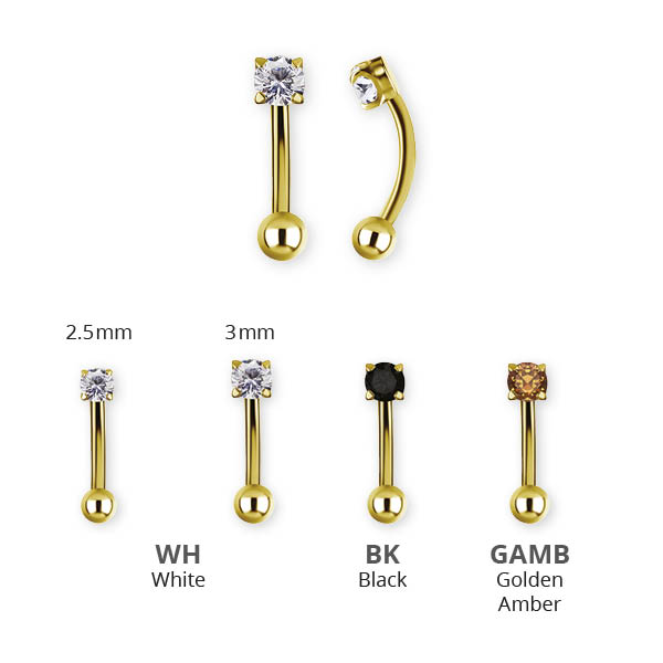 24K GOLD PVD TITANIUM INTERNAL EYEBROW BANANA SET W.PREMIUM ZIRCONIA