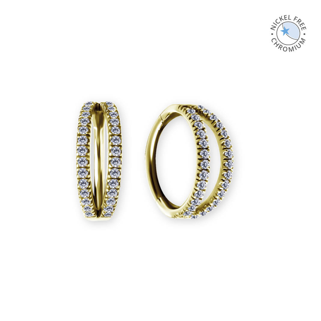 18K GOLD PVD CoCr NF HINGED RING MICRO PAVE TWO ROW SET W. PREMIUM ZIRCONIA