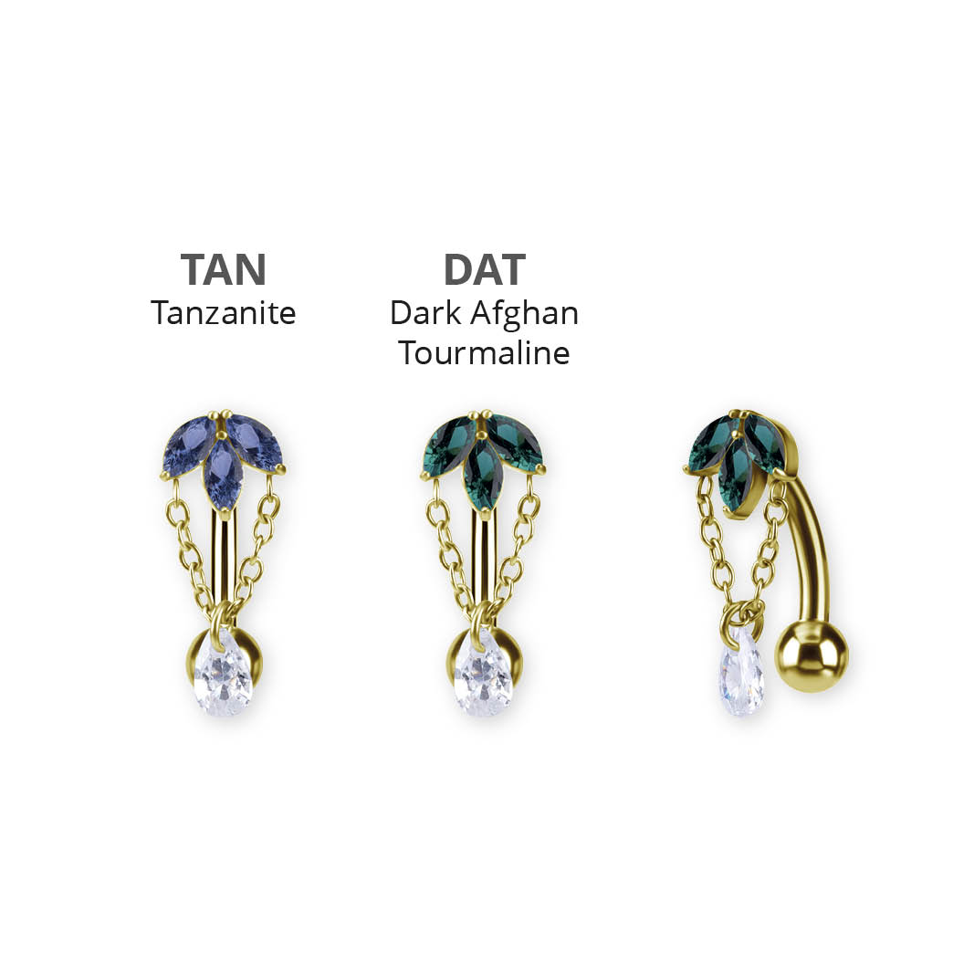 24K GOLD PVD SS316L BELLY BANANA SET W. PREMIUM NANO GEMS AND PEAR DROP DANGLES
