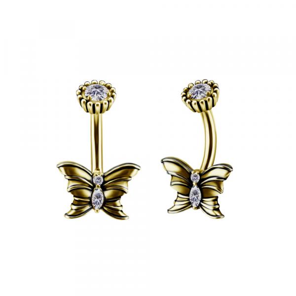 24K GOLD PVD SS316L DOUBLE JEWELLED BELLY BANANA SET W.PREMIUM ZIRCONIA