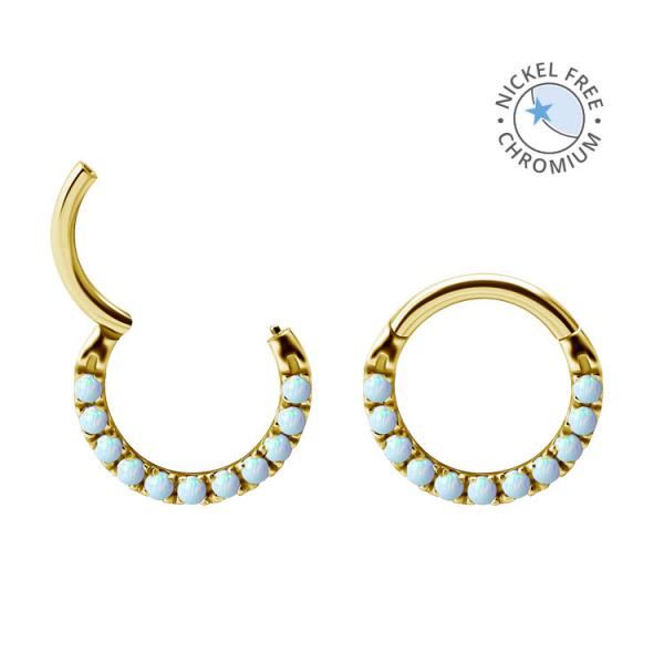 18K GOLD PVD CoCr NF FRONT FACING HINGED CLICKERS SET W.LAB CREATED OPAL