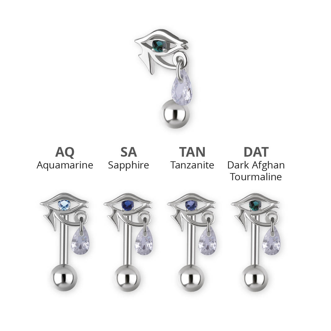 SS316L EYE OF HORUS BELLY BANANA SET W. PREMIUM NANO GEMS AND DROP DANGLE