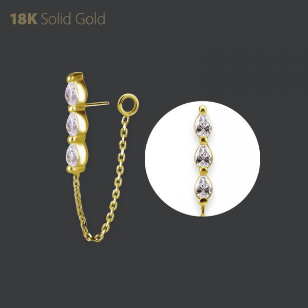18K GOLD THREADLESS  ATTACHMENT W. CHAIN SET W. PEAR SHAPE PREMIUM ZIRCONIA