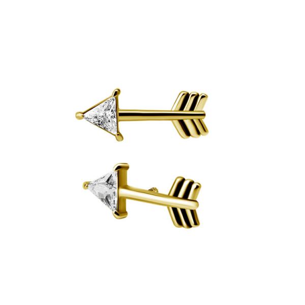 24K GOLD PVD SS316L ARROW MICRO ATTACHMENT SET W. TRIANGLE CUBIC ZIRCONIA