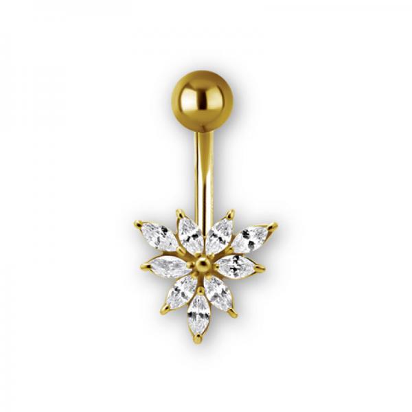 24K GOLD PVD SS316L BELLY BANANA SET W. MARQUISE CUBIC ZIRCONIA CLUSTER