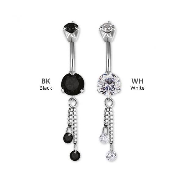 SS316L DOUBLE JEWELLED MINI BELLY BANANA W. CHAIN FLOATING ZIRCONIA DANGLE