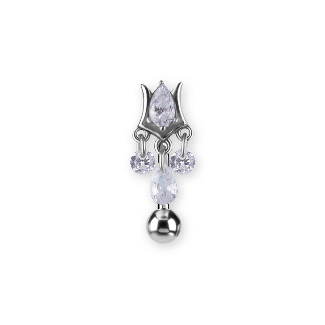 SS316L BELLY BANANA SET W. CUBIC ZIRCONIA AND PEAR DROP DANGLE