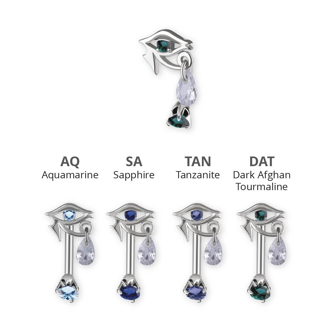 SS316L DOUBLE JEWELLED EYE OF HORUS BELLY BANANA SET W. PREMIUM NANO GEMS AND DROP DANGLE