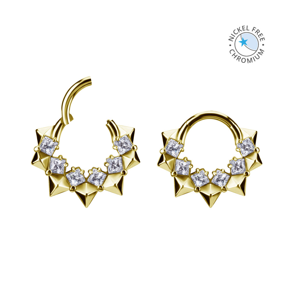 18K GOLD PVD CoCr NF PYRAMID HINGED RING SET W. SQ PREMIUM ZIRCONIA