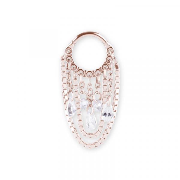 ROSE GOLD PVD SS316L HINGED RING WITH PEAR SHAPE AND ROUND STONE DANGLES