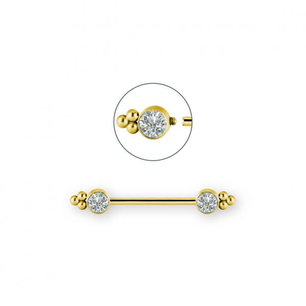 24K GOLD PVD TITANIUM JEWELLED INTERNAL NIPPLE BARBELL SET WITH PREMIUM ZIRCONIA