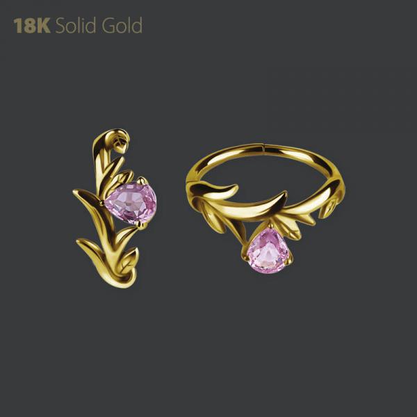 18K GOLD HINGED RING SET W. PEAR SHAPE GENUINE PINK SAPPHIRE