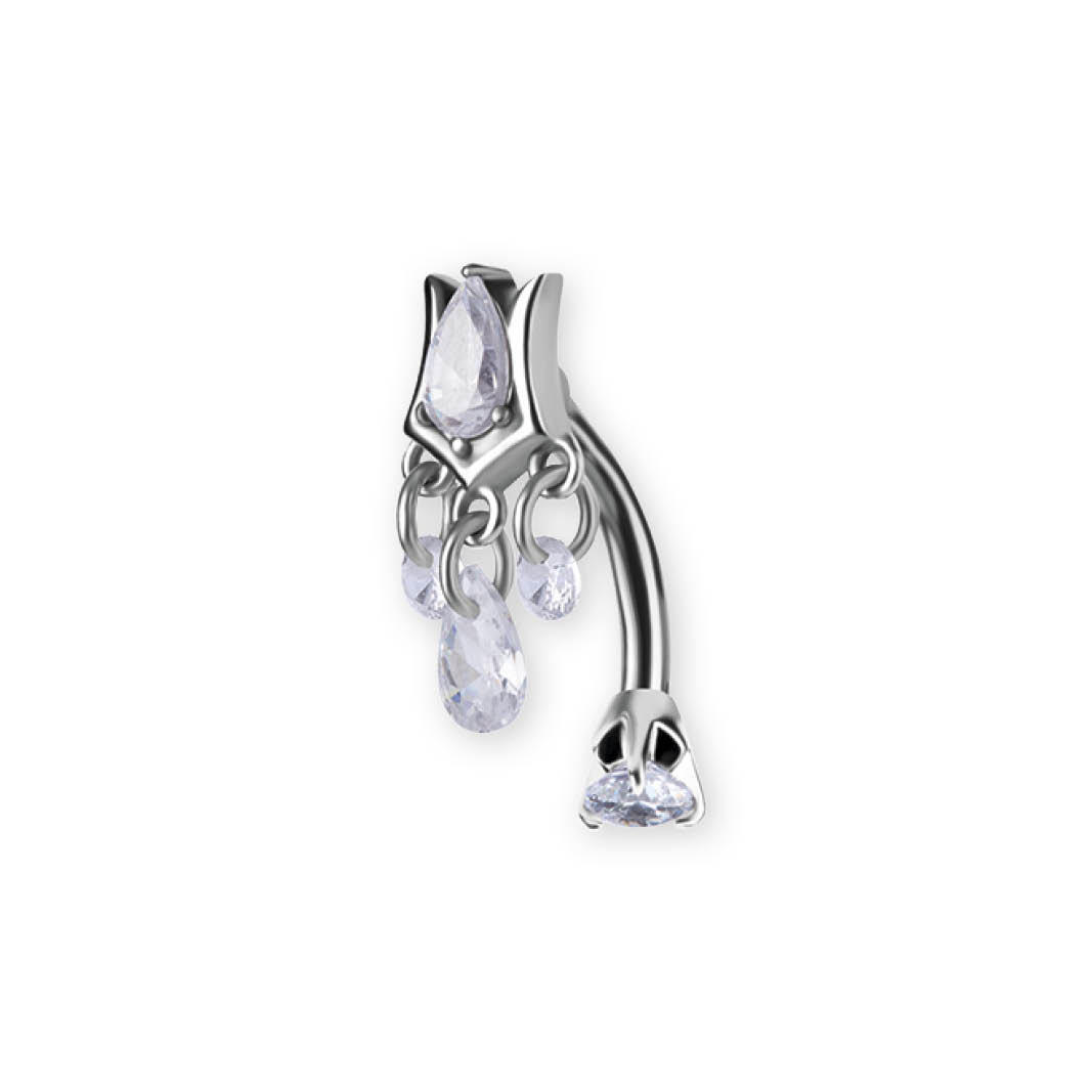 SS316L BELLY BANANA SET W. DOUBLE JEWELED AND PEAR DROP DANGLES