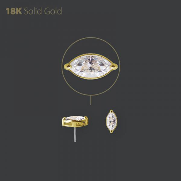 18K GOLD THREADLESS  ATTACHMENT SET W. MARQUISE SHAPE PREMIUM ZIRCONIA