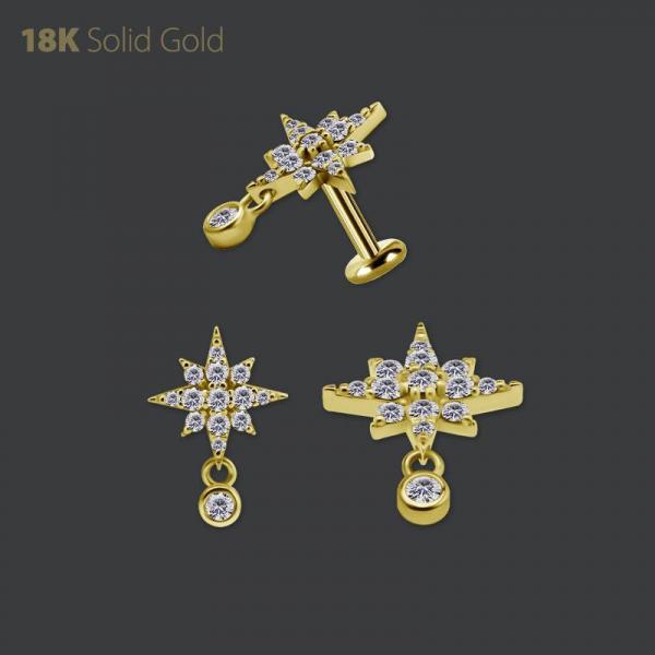 18K GOLD THREADLESS NORDIC STAR  ATTACHMENT W. DANGLE SET W. PREMIUM ZIRCONIA